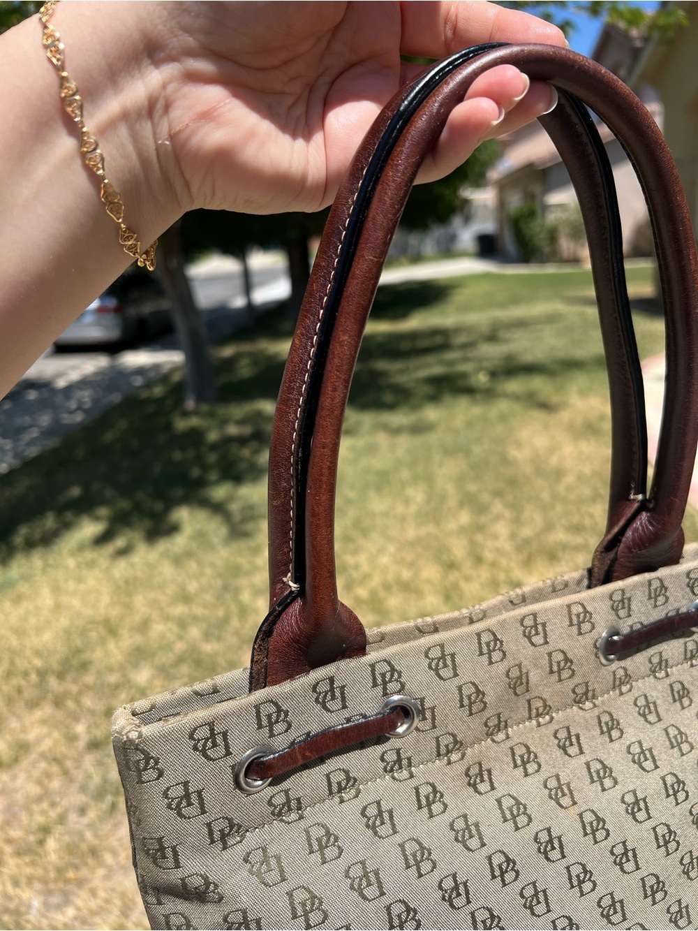 Vintage Dooney & Bourke Monogram Canvas Tote Bag with Brown Leather Trim - Picture 5 of 11